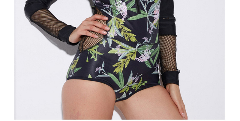 Sexy Black Leaf Pattern Decorated Long Sleeves Swimwear,One Pieces
