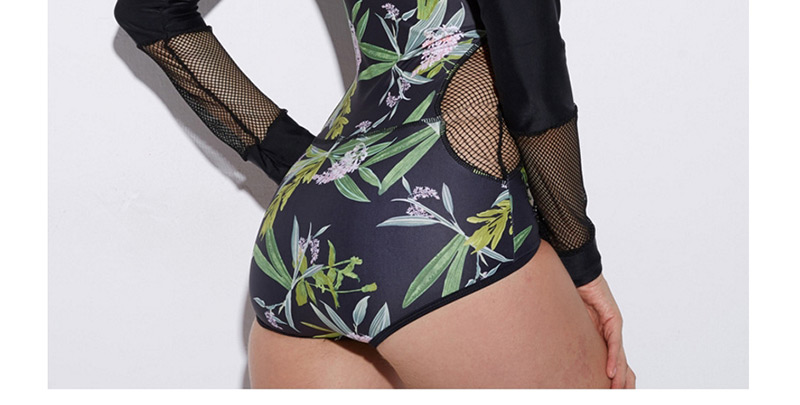 Sexy Black Leaf Pattern Decorated Long Sleeves Swimwear,One Pieces