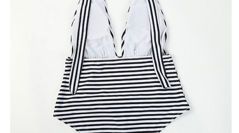 Sexy Black+white Off-the-shoulder Design Stripe Pattern Decorated Swimwear,One Pieces