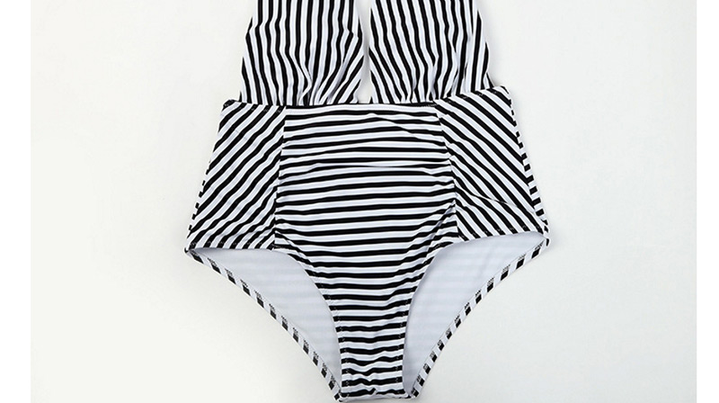 Sexy Black+white Off-the-shoulder Design Stripe Pattern Decorated Swimwear,One Pieces