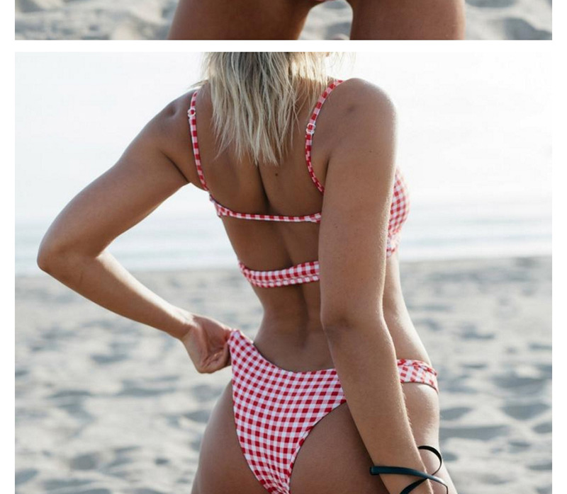 Sexy Red Suspender Design Grid Pattern Swimwear(2pcs),Bikini Sets