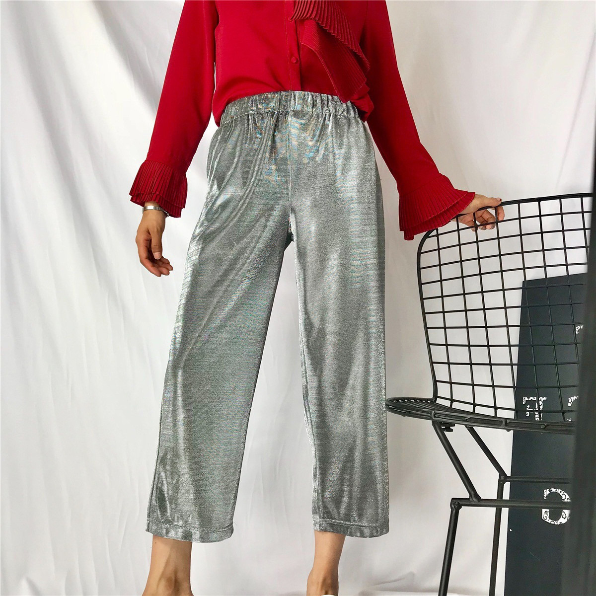 Fashion Silver Color Pure Color Decorated Pants,Pants