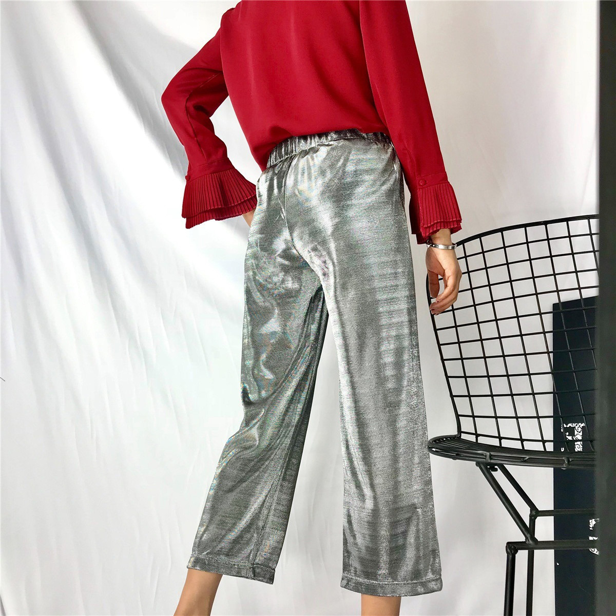 Fashion Silver Color Pure Color Decorated Pants,Pants