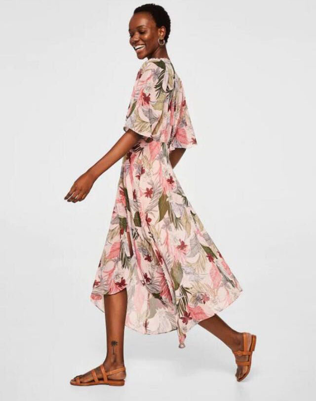 Fashion Pink V Neckline Design Flower Pattern Dress,Long Dress