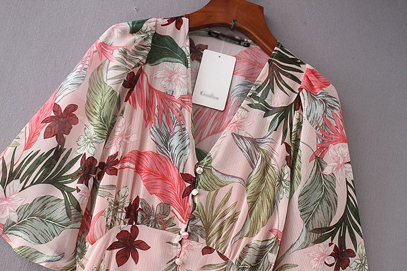 Fashion Pink V Neckline Design Flower Pattern Dress,Long Dress