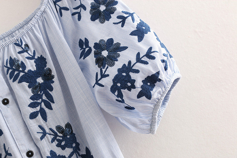 Fashion Blue Off-the-shoulder Design Flower Pattern Dress,Long Dress