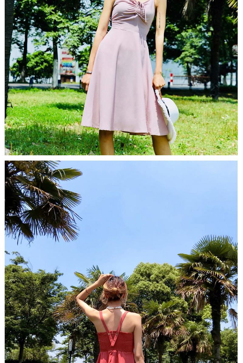 Fashion Pink Pure Color Decorated Suspender Dress,Long Dress