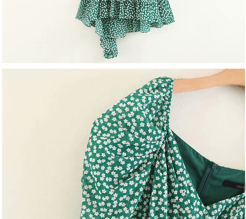Fashion Green Flower Pattern Decorated V Neckline Dress,Long Dress