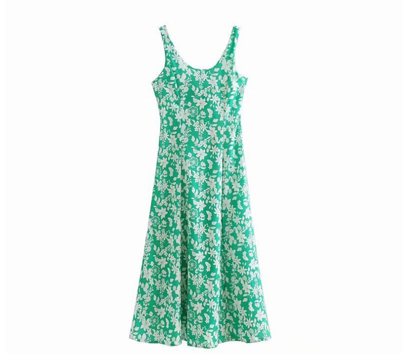 Fashion Green Flower Pattern Decorated Dress,Long Dress