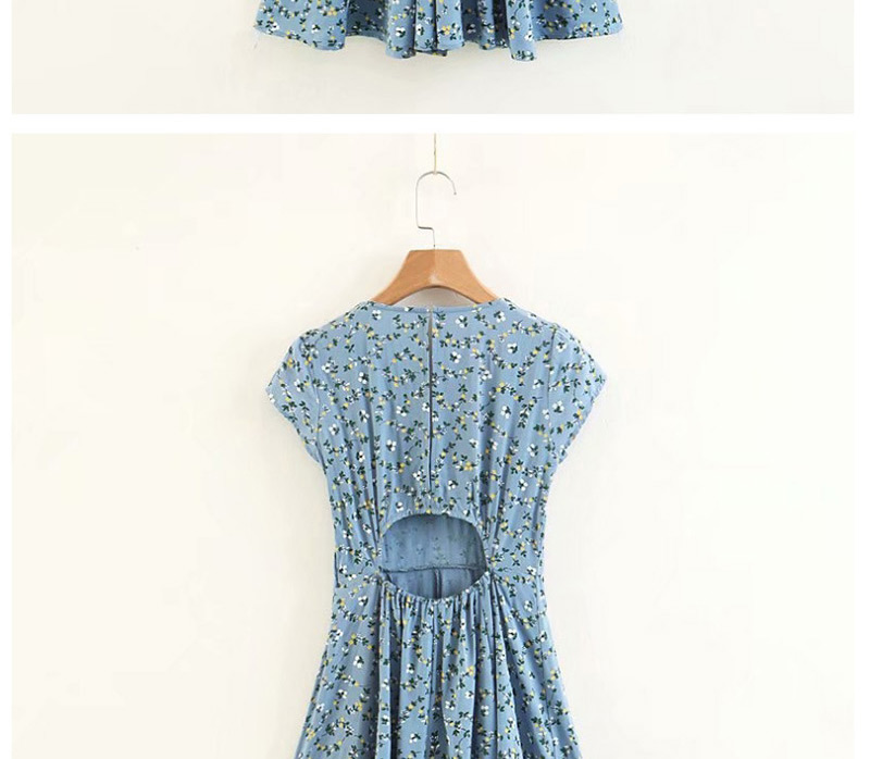 Fashion Blue V Neckline Design Flower Pattern Dress,Long Dress