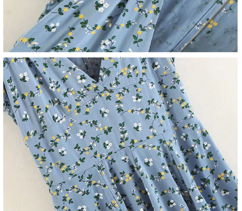 Fashion Blue V Neckline Design Flower Pattern Dress,Long Dress