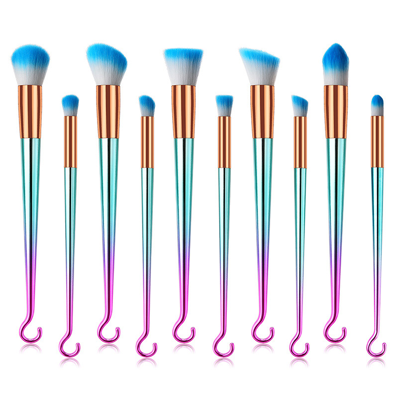 Fashion Pink+blue Hook Shape Decorated Makeup Brush (10 Pcs ),Beauty tools