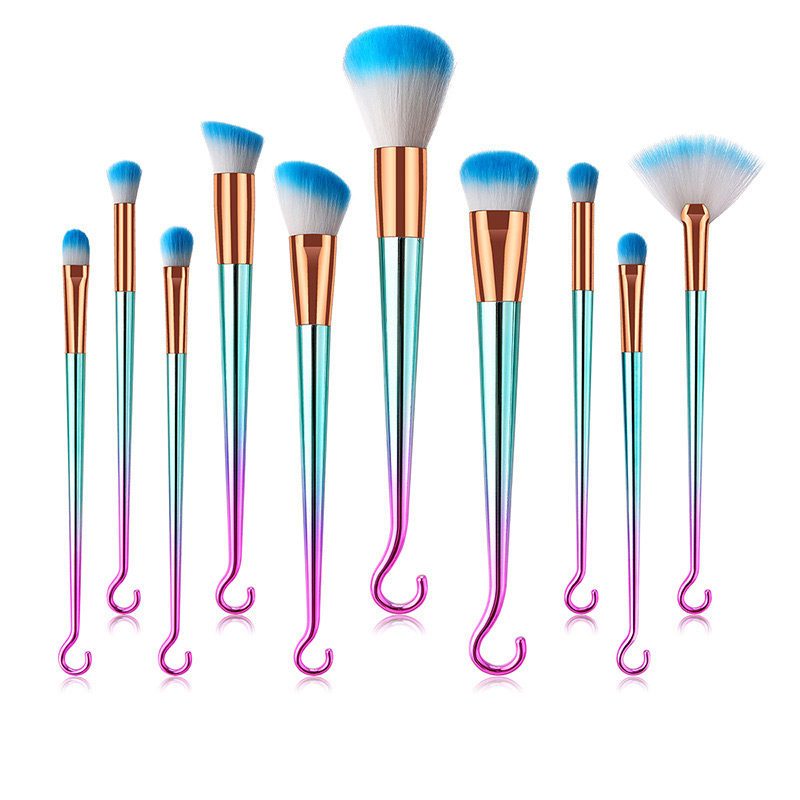 Fashion Pink+blue Sector Shape Decorated Makeup Brush (10 Pcs ),Beauty tools