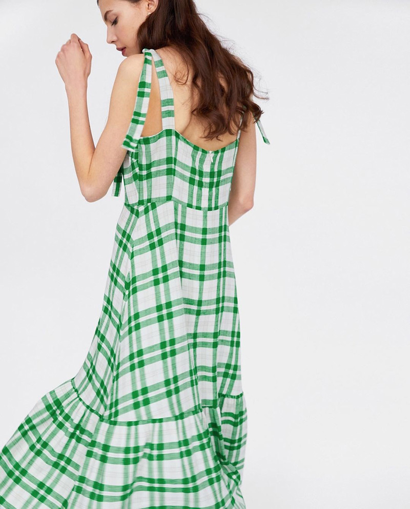 Fashion Green Grid Pattern Decorated Dress,Long Dress