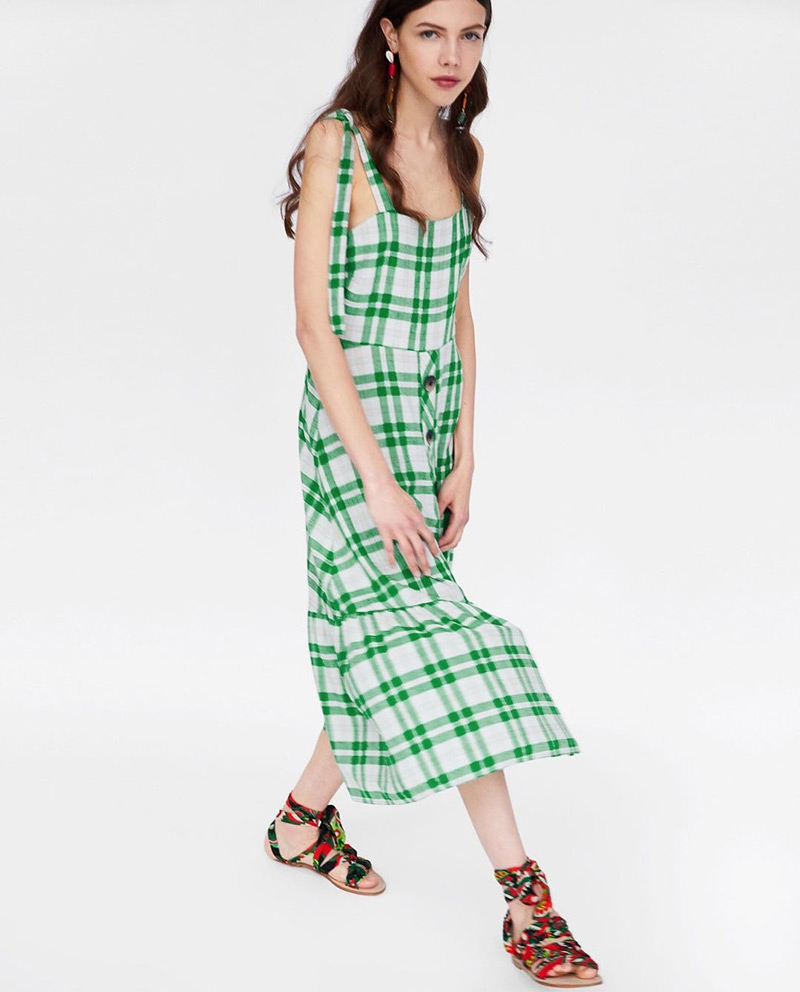 Fashion Green Grid Pattern Decorated Dress,Long Dress