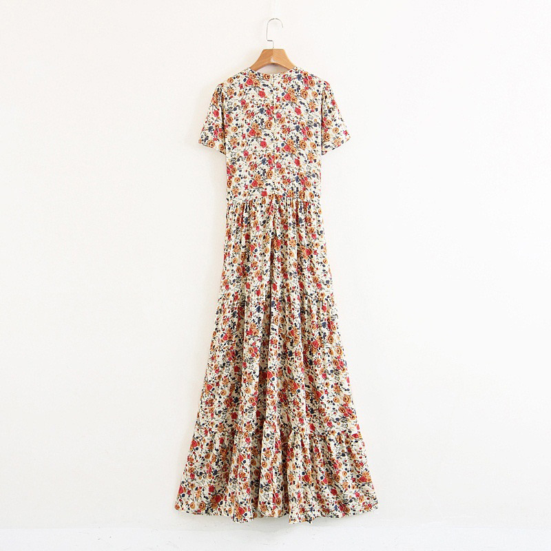 Fashion Beige Flower Pattern Decorated V Neckline Dress,Long Dress