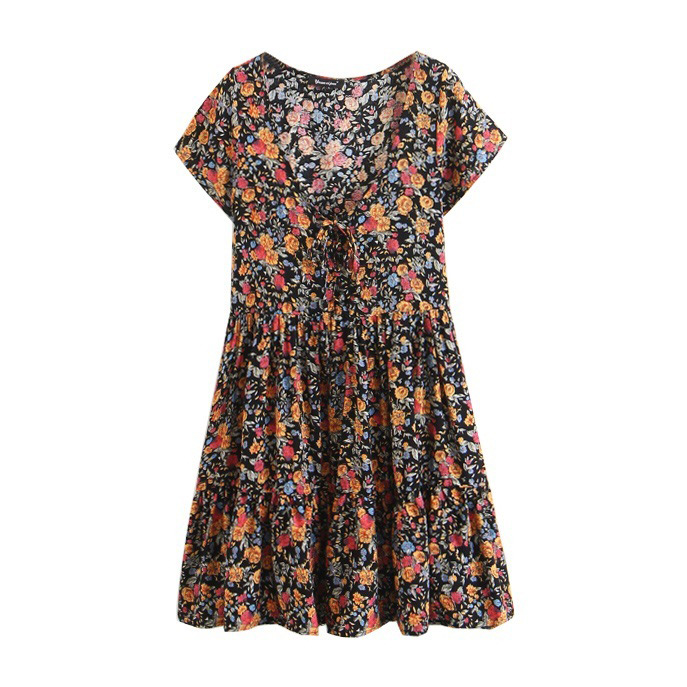 Vintage Beige Flower Pattern Decorated Dress,Skirts