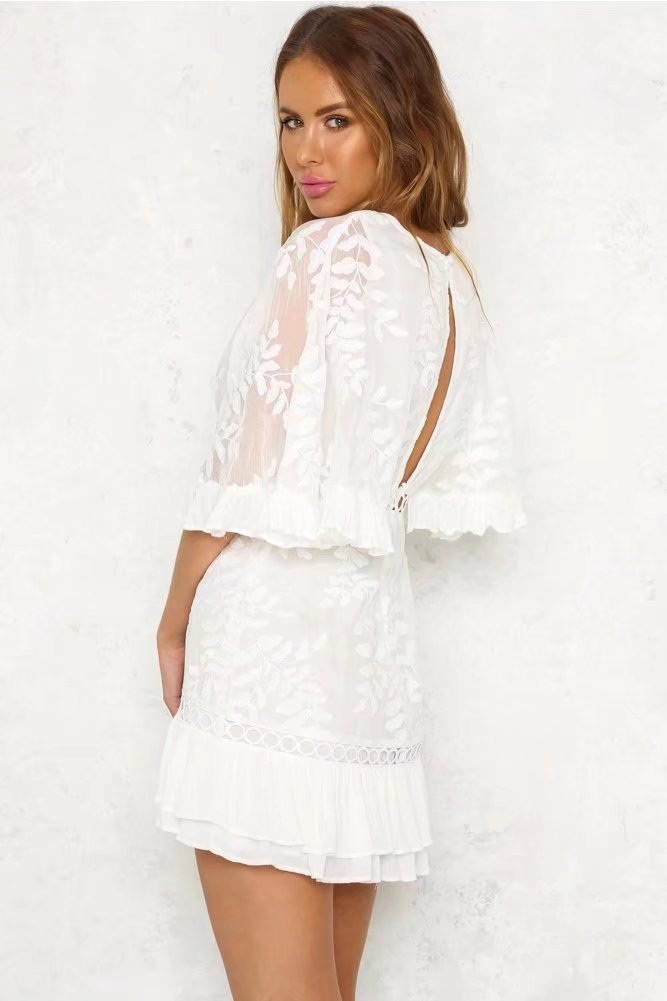 Fashion White Pure Color Decorated V Neckline Dress,Long Dress