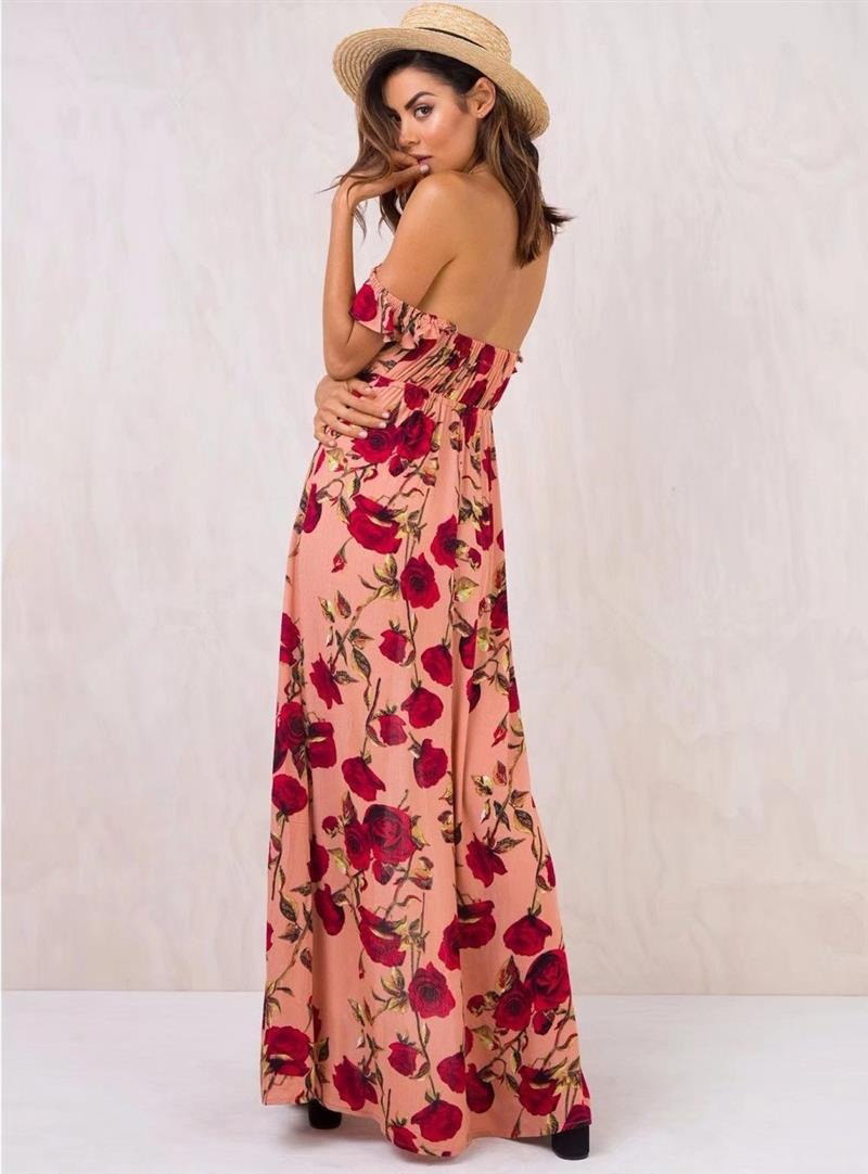 Fashion Red Flower Pattern Decorated Off The Shoulder Dress,Long Dress