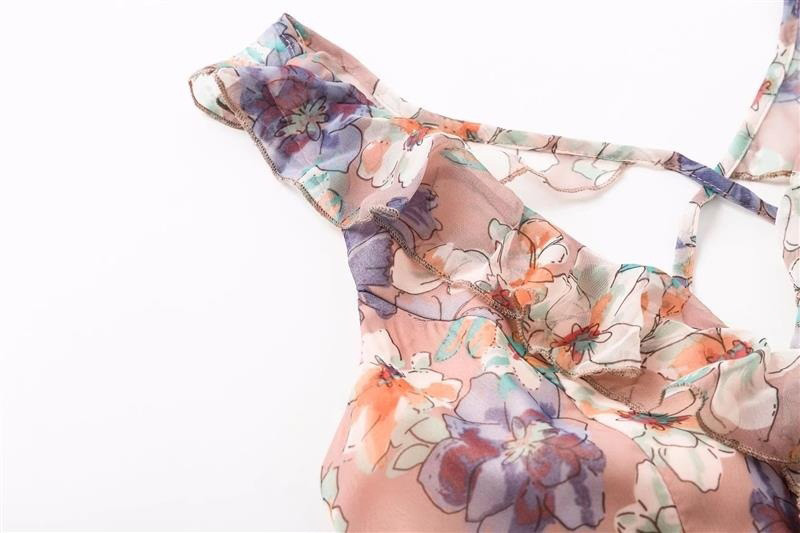 Fashion Multi-color Flower Pattern Decorated V Neckline Dress,Long Dress