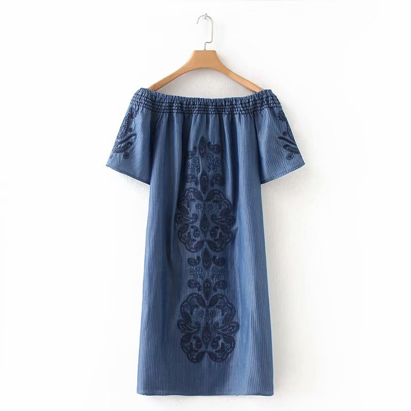 Fashion Blue Pure Color Decorated Off The Shoulder Dress,Long Dress