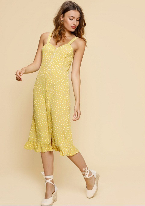 Vintage Yellow Spot Pattern Decorated Dress,Long Dress