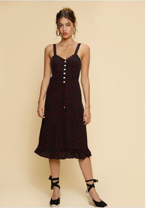 Vintage Black Spot Pattern Decorated Dress,Long Dress