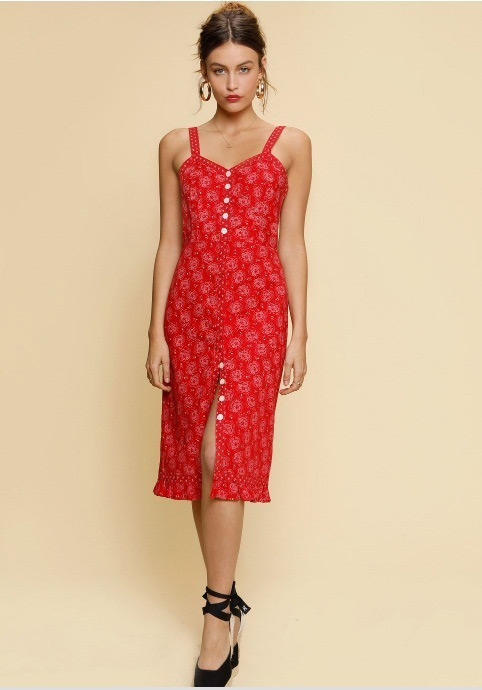 Vintage Red Flower Pattern Decorated Dress,Long Dress