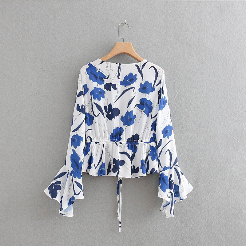 Fashion White+blue Flower Pattern Decorated Shirt,Tank Tops & Camis