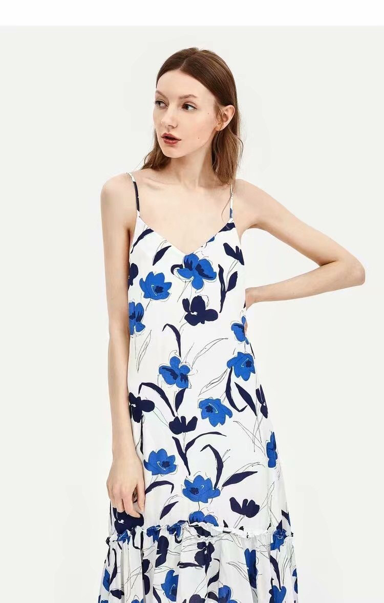 Fashion White+blue Flower Pattern Decorated Dress,Long Dress