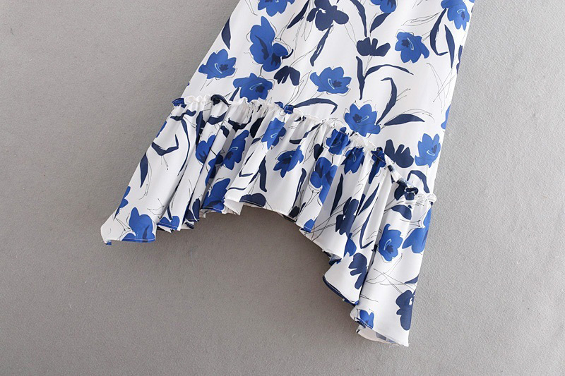 Fashion White+blue Flower Pattern Decorated Dress,Long Dress