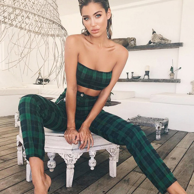 Fashion Green Grid Pattern Decorated Trousers (2 Pcs ),Tank Tops & Camis