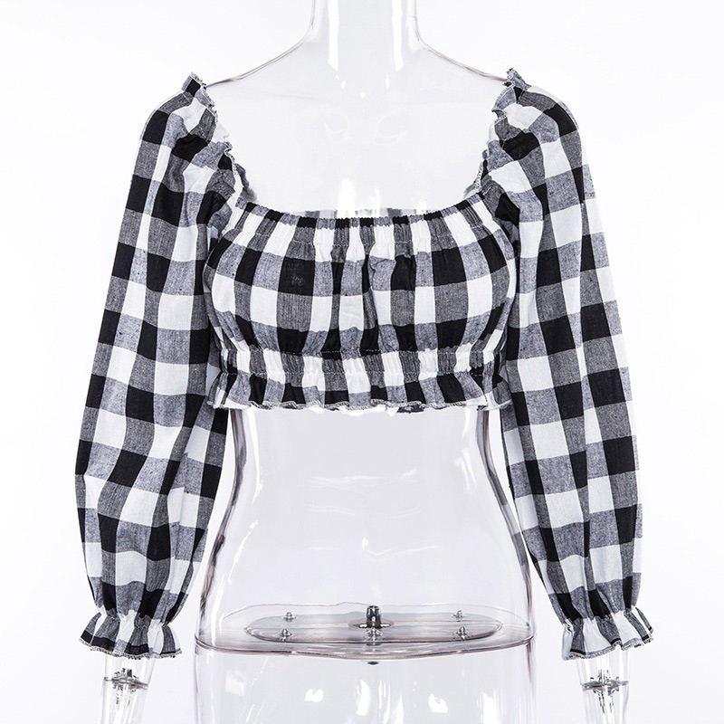 Fashion Black Grid Pattern Decorated Shirt,Tank Tops & Camis
