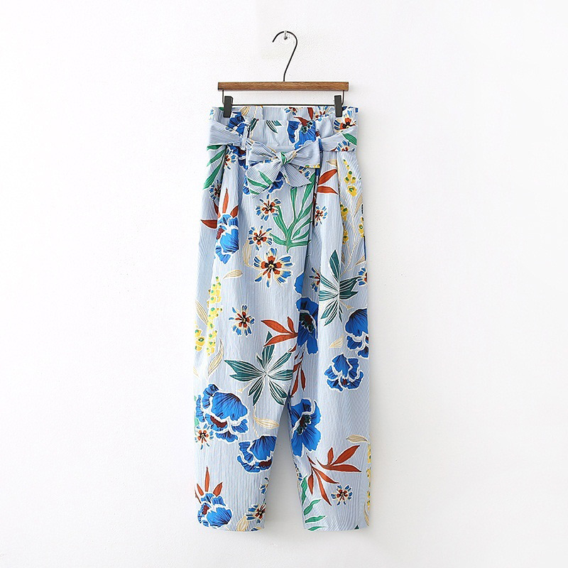Fashion Blue Flower Pattern Decorated Trousers,Pants
