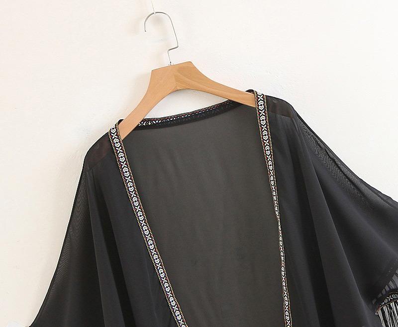 Fashion Black Tassel Decorated Pure Color Smock,Sunscreen Shirts