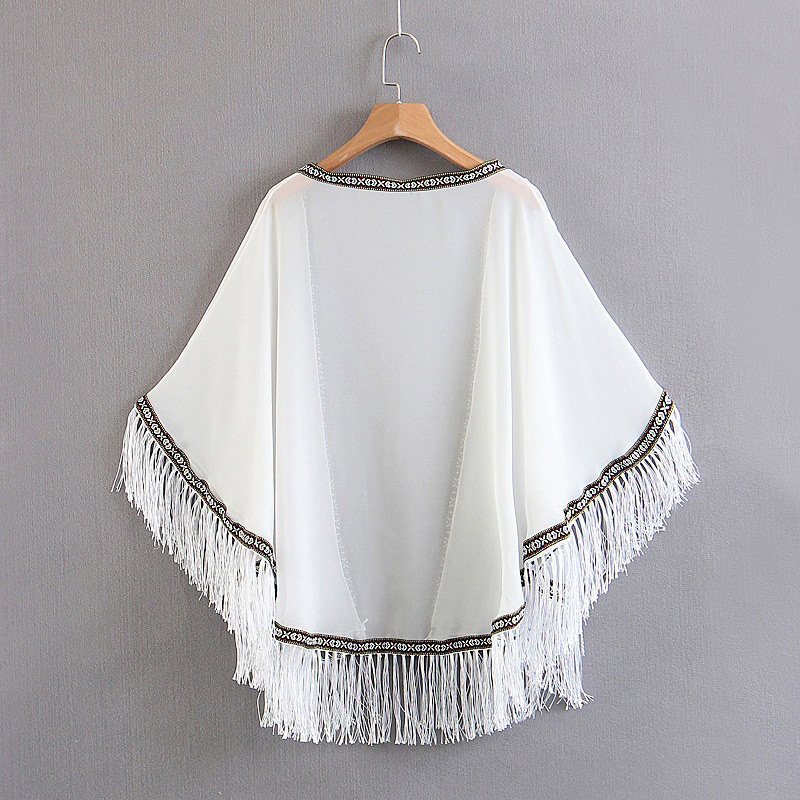 Fashion White Tassel Decorated Pure Color Smock,Sunscreen Shirts