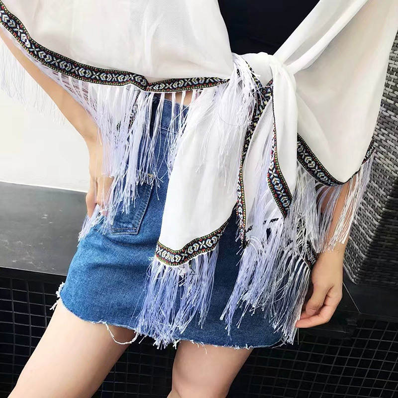 Fashion White Tassel Decorated Pure Color Smock,Sunscreen Shirts