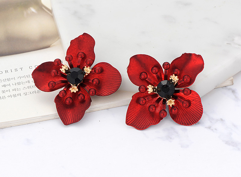 Fashion Claret Red Flower Shape Decorated Earrings,Stud Earrings