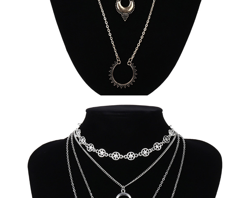Fashion Antique Silver Moon Shape Decorated Necklace,Multi Strand Necklaces