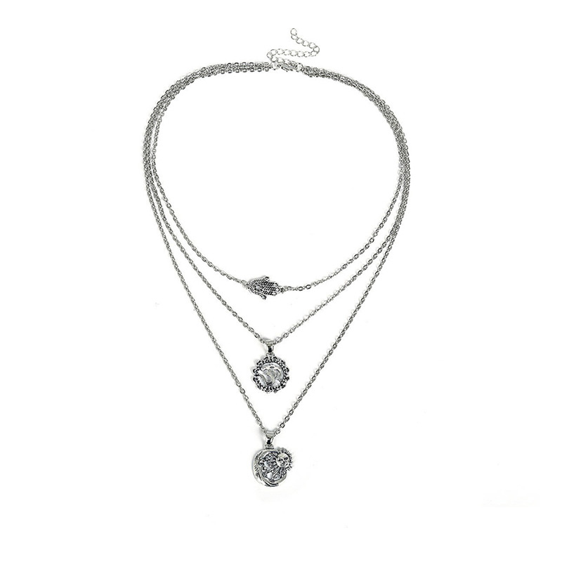 Vintage Antique Silver Flower&hand Shape Decorated Necklace,Multi Strand Necklaces