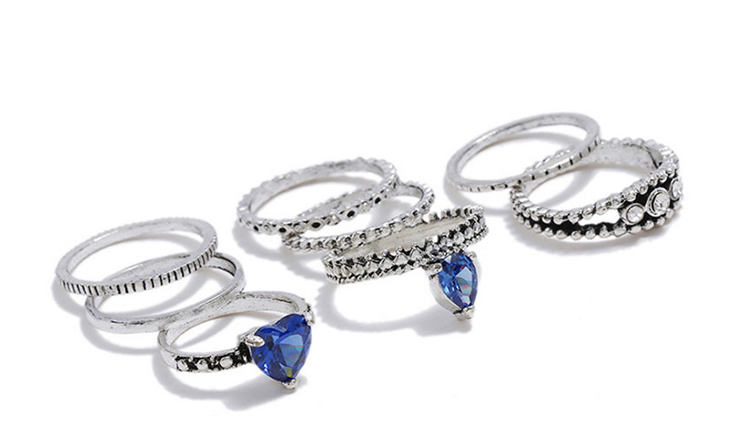 Vintage Silver Color+sapphire Blue Heart Shape Decorated Ring (8 Pcs ),Fashion Rings