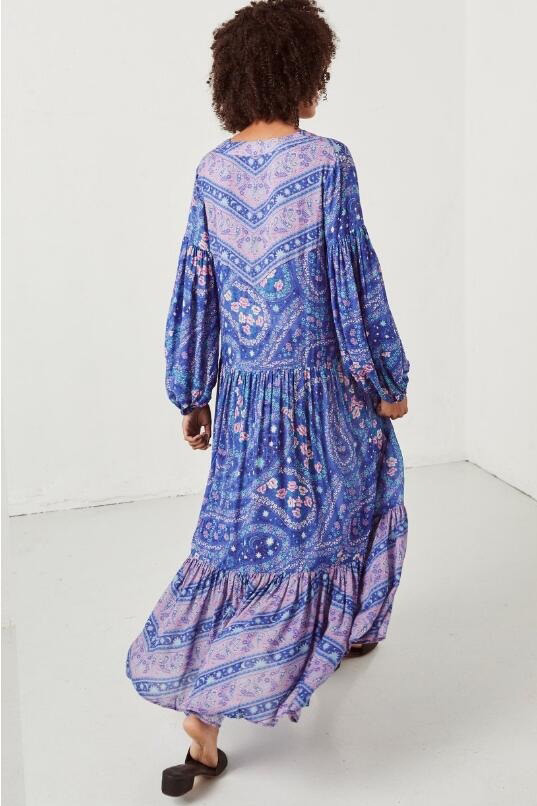 Fashion Purple Flower Pattern Decorated V Neckline Dress,Long Dress