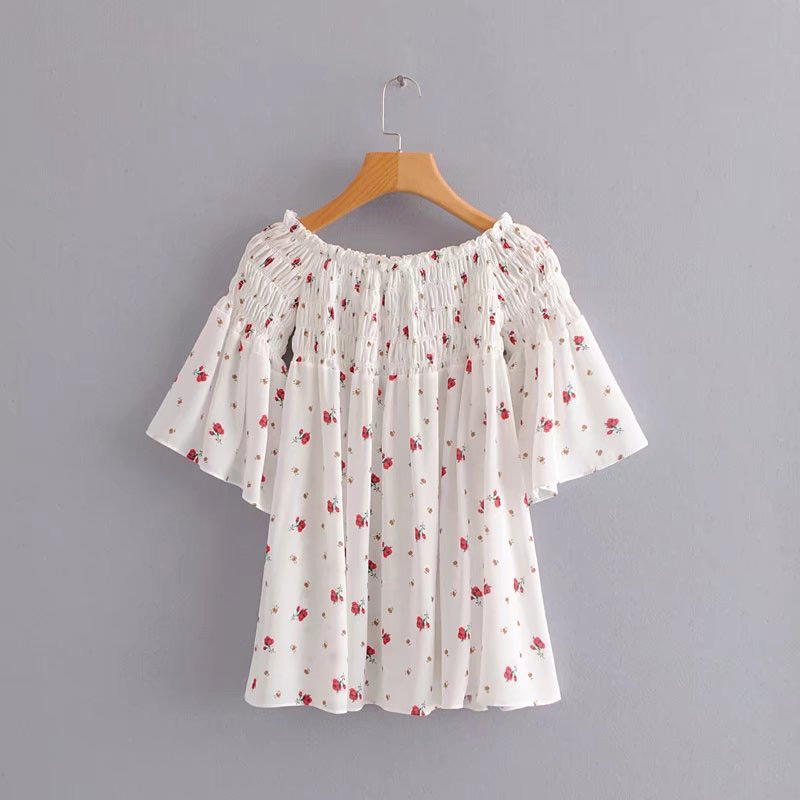Fashion White Flower Pattern Decorated Off Shoulder Shirt,Tank Tops & Camis