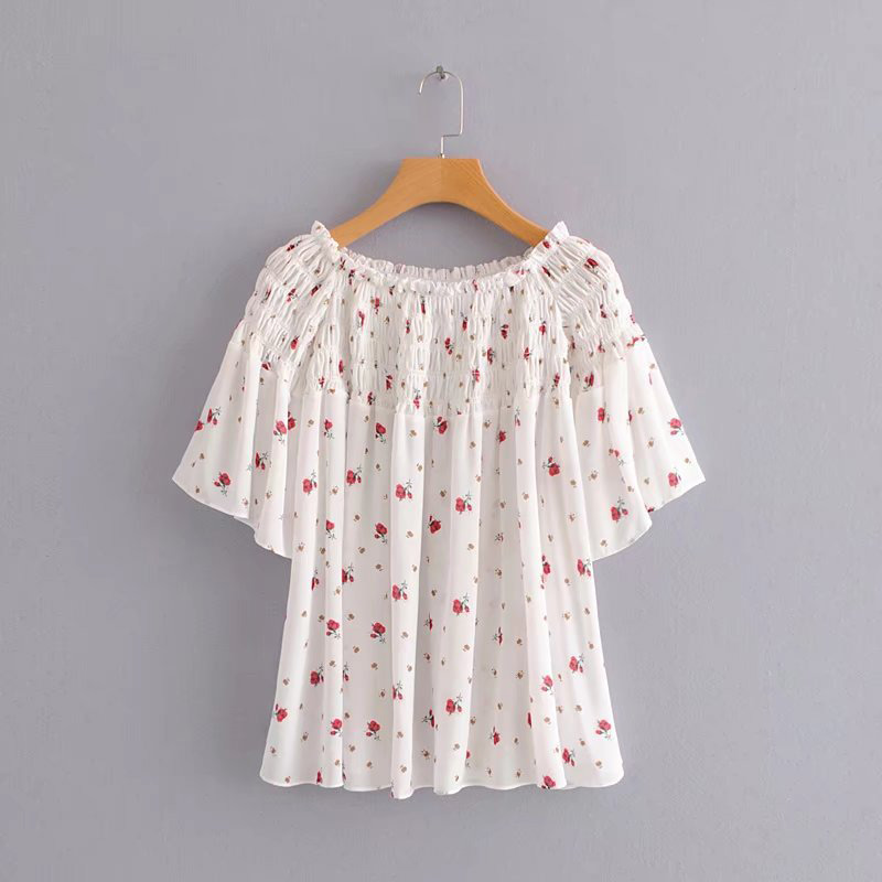 Fashion Red Flower Pattern Decorated Off Shoulder Shirt,Tank Tops & Camis