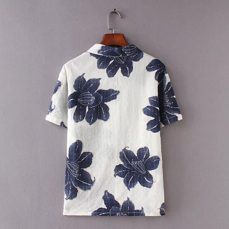 Fashion Blue Flower Pattern Decorated Shirt,Tank Tops & Camis