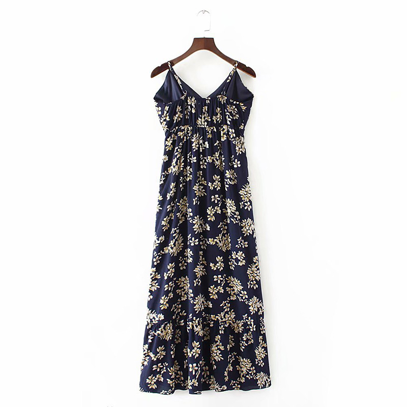 Fashion Navy V Neckline Design Flower Pattern Dress,Long Dress