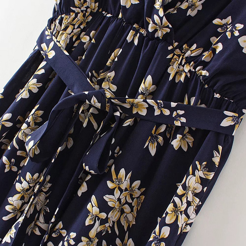 Fashion Navy V Neckline Design Flower Pattern Dress,Long Dress