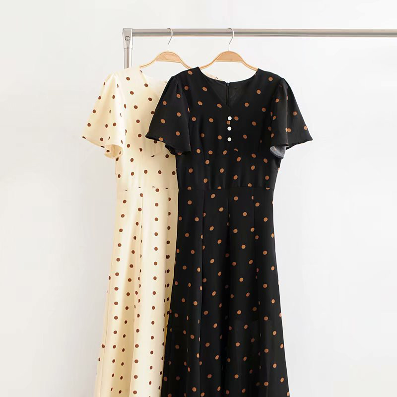 Vintage Black Dots Pattern Decorated Dress,Long Dress