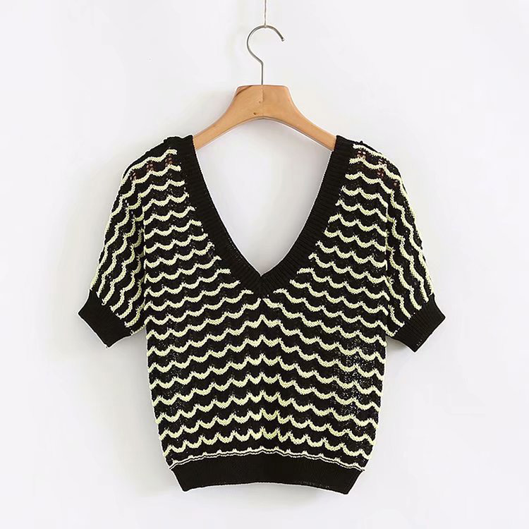 Fashion Yellow+black V Neckline Design Pure Color Shirt,Tank Tops & Camis