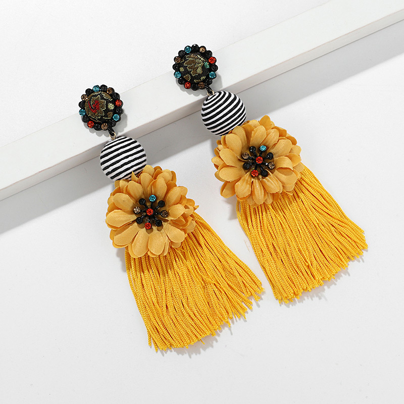 Elegant Yellow Flower Decorated Long Tassel Earrings,Drop Earrings